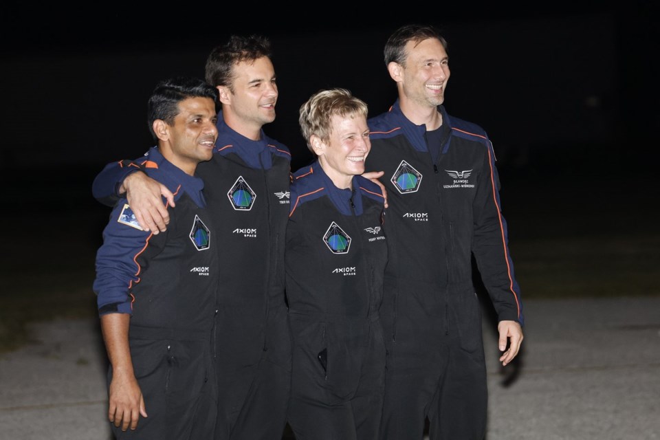 SpaceX Falcon 9 crew, Shubhanshu Shukla of the Indian Space Research Organization, from left, Tibor Kapu of Hungary, commander Peggy Whitson, and Slawosz Uznanski-Wisniewski of Poland, pose for a photo before departing for a launch to the International Space Station at the Kennedy Space Center in Cape Canaveral, Fla., Tuesday, June 24, 2025. (AP Photo/Terry Renna)