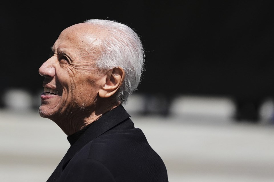 Former NBA basketball player and coach Lenny Wilkens smiles before his statue unveiling event outside of Climate Pledge Arena, Saturday, June 28, 2025, in Seattle. (AP Photo/Lindsey Wasson)
