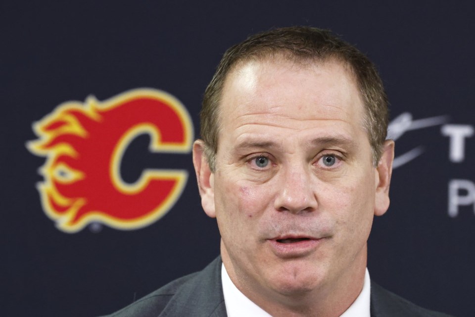 Calgary Flames general manager Craig Conroy talks about a two player trade made with the Philadelphia Flyers in Calgary on Thursday, Jan. 30, 2025. THE CANADIAN PRESS/Larry MacDougal