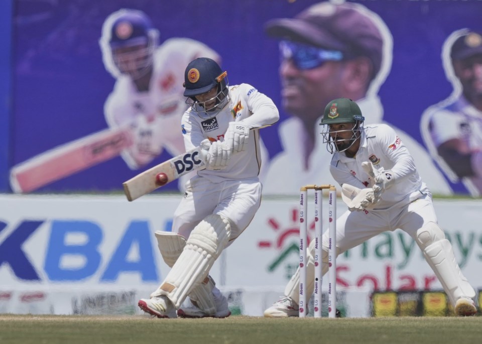 Sri Lanka's Pathum Nissanka plays a shot during day three of the first cricket test match between Sri Lanka and Bangladesh in Galle, Sri Lanka, Thursday, June 19, 2025. (AP Photo/Eranga Jayawardena)