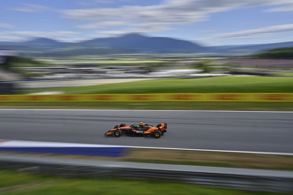 McLaren driver Lando Norris of Britain in action during the qualifying at the Red Bull Ring racetrack, ahead of the Austrian Formula One Grand Prix in Spielberg, Austria, Saturday, June 28, 2025. (AP Photo/Denes Erdos)