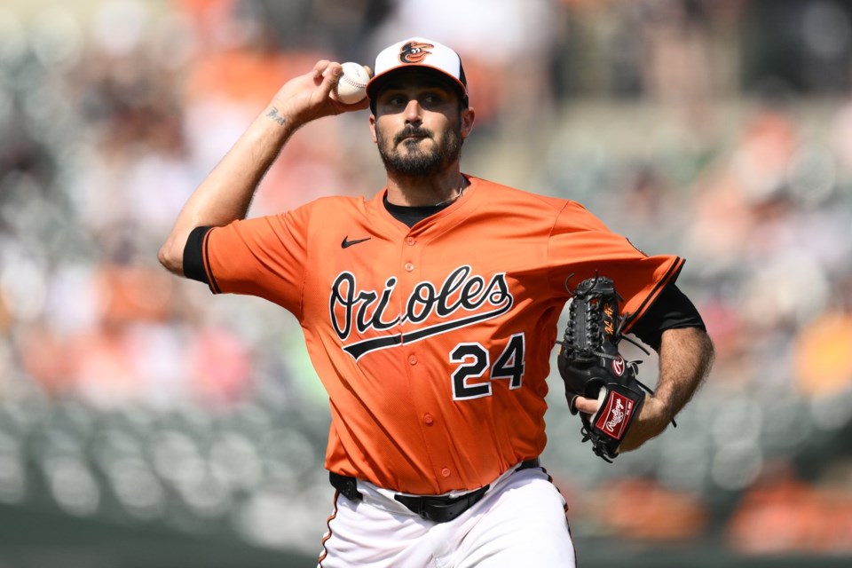Baltimore Orioles starting pitcher Zach Eflin throws during the first inning of a baseball game against the Tampa Bay Rays, Saturday, June 28, 2025, in Baltimore. (AP Photo/Nick Wass)