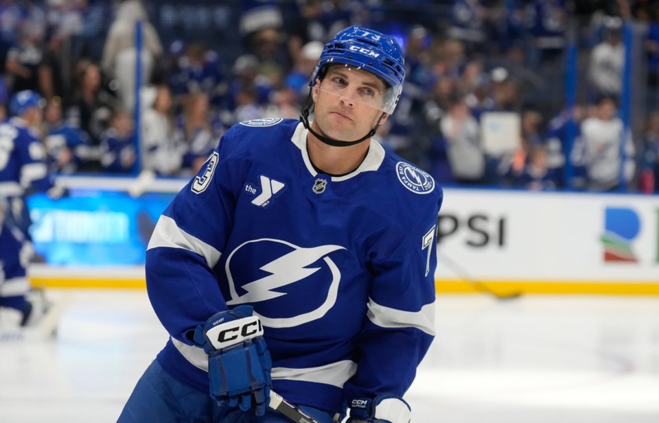 FILE - Tampa Bay Lightning left wing Conor Sheary skates before an NHL preseason hockey game, Oct. 2, 2024, in Tampa, Fla. (AP Photo/Chris O'Meara, file)