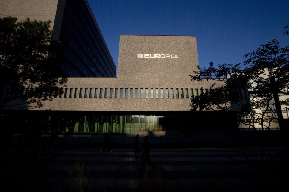 FILE- The Europol headquarters in The Hague, Netherlands, Wednesday, Oct. 10, 2018. (AP Photo/Peter Dejong, File)