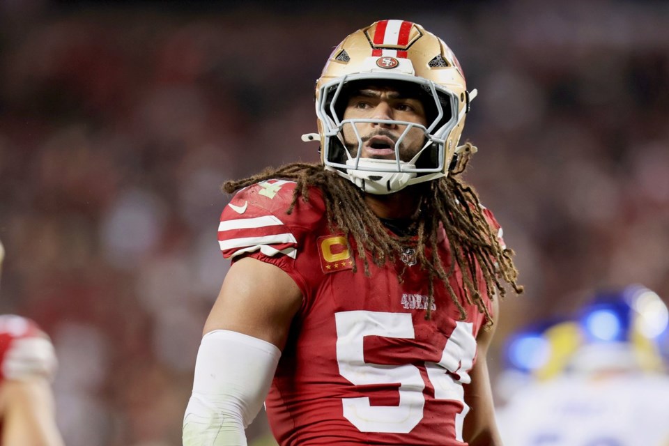FILE - San Francisco 49ers linebacker Fred Warner (54) reacts in the fourth quarter during an NFL football game against the Los Angeles Rams, Thursday, December 12, 2024, in Santa Clara, Calif. (AP Photo/Scot Tucker, File)