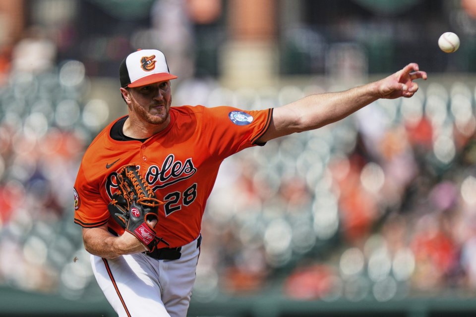 Baltimore Orioles starting pitcher Trevor Rogers delivers during the third inning of a baseball game against the Miami Marlins, Saturday, July 12, 2025, in Baltimore. (AP Photo/Stephanie Scarbrough)