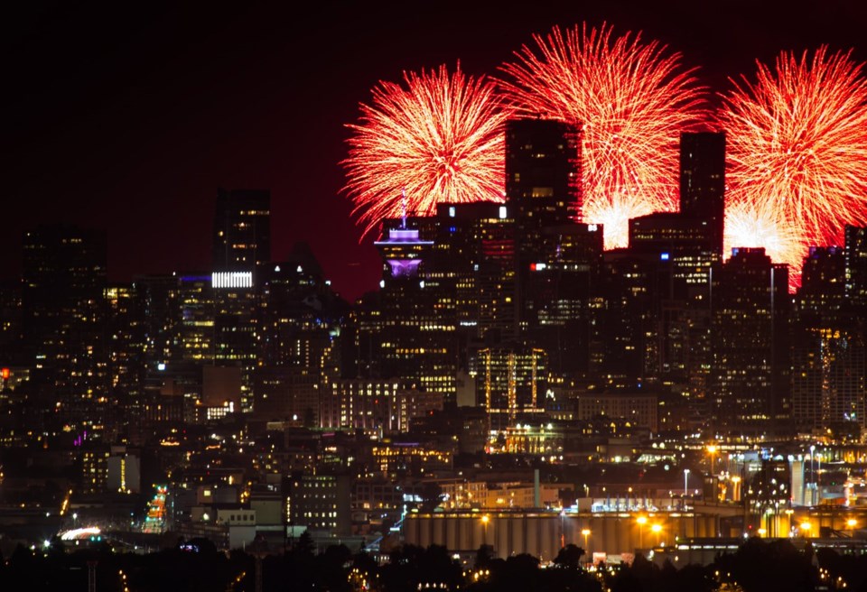Seen from Burnaby Mountain approximately 16 kilometres away, fireworks explode behind the downtown Vancouver skyline as a pyrotechnic team from Croatia closes out the final night of the Honda Celebration of Light, in Vancouver, on Saturday Aug. 3, 2019. THE CANADIAN PRESS/Darryl Dyck