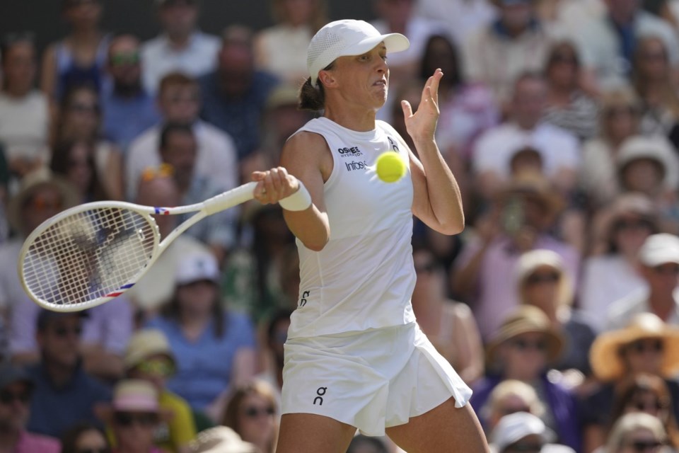 Poland's Iga Swiatek returns to Amanda Anisimova of the U.S. during the women's singles final at the Wimbledon Tennis Championships in London, Saturday, July 12, 2025. (AP Photo/Kin Cheung)