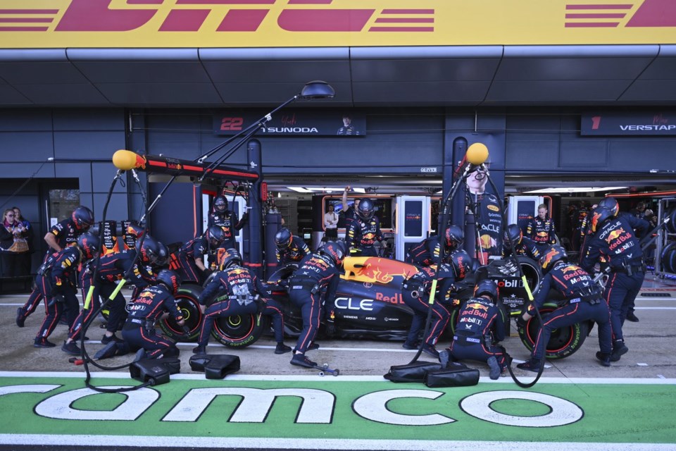 Red Bull driver Max Verstappen of the Netherlands gets a pit service during the British Formula One Grand Prix race at the Silverstone racetrack in Silverstone, England, Sunday, July 6, 2025. AP Photo/Andrej Isakovic, Pool)