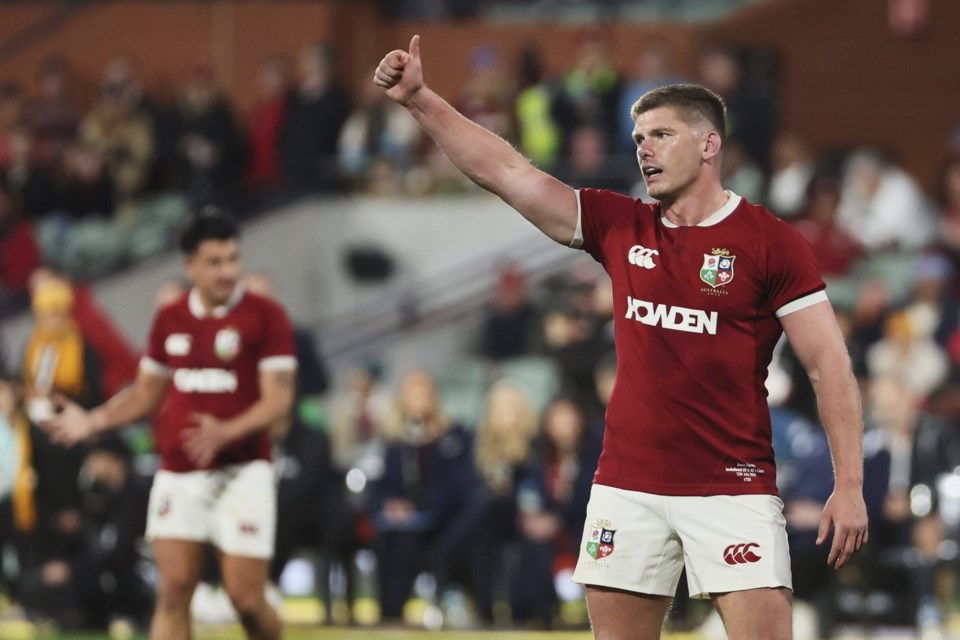 Owen Farrell of the British & Irish Lions gestures during the rugby match between the Lions and the AUNZ Invitational XV in Adelaide, Saturday, July 12, 2025. (AP Photo/James Elsby)