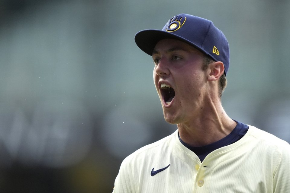 Milwaukee Brewers' Jacob Misiorowski reacts during the sixth inning of a baseball game against the Los Angeles Dodgers, Tuesday, July 8, 2025, in Milwaukee. (AP Photo/Aaron Gash)