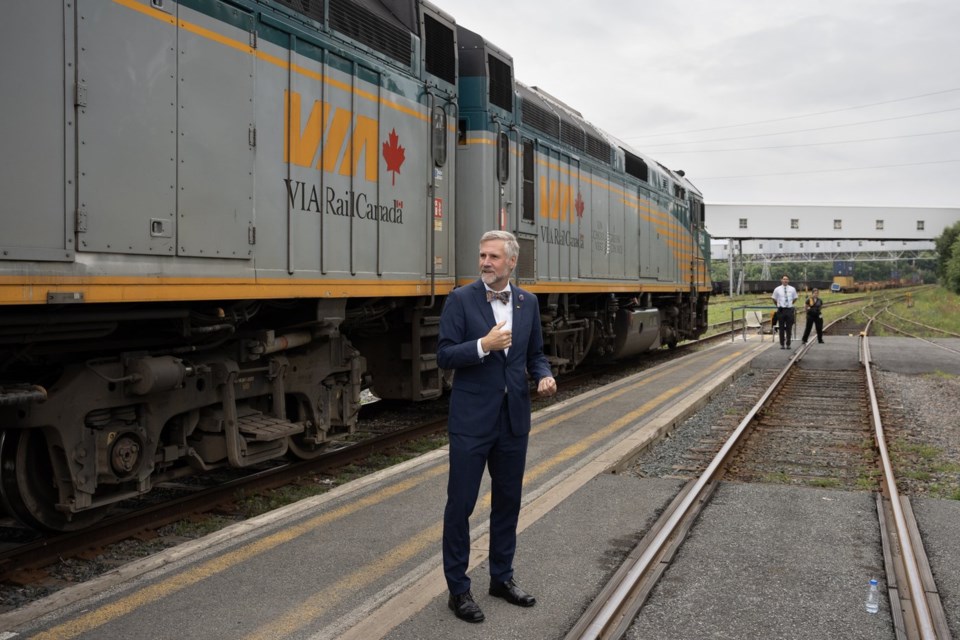 Mario Péloquin, president and CEO of Via Rail, speaks during a press conference at the company's Halifax station in Halifax on Tuesday, July 15, 2025. Via Rail is marking 120 years of continuous service by The Ocean, making it the oldest named passenger train in Canada. THE CANADIAN PRESS/Darren Calabrese