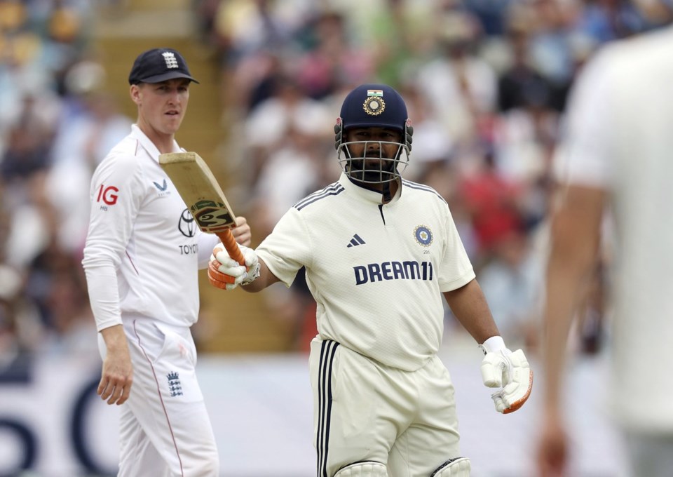 India's Rishabh Pant celebrates after scoring fifty runs day four of the second cricket test match between England and India at Edgbaston in Birmingham, England, Saturday, July 5, 2025. (AP Photo/Scott Heppell)