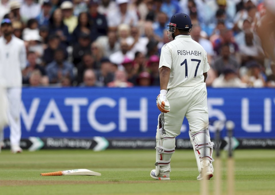 India's Rishabh Pant recovers his bat during day four of the second cricket test match between England and India at Edgbaston in Birmingham, England, Saturday, July 5, 2025. (AP Photo/Scott Heppell)