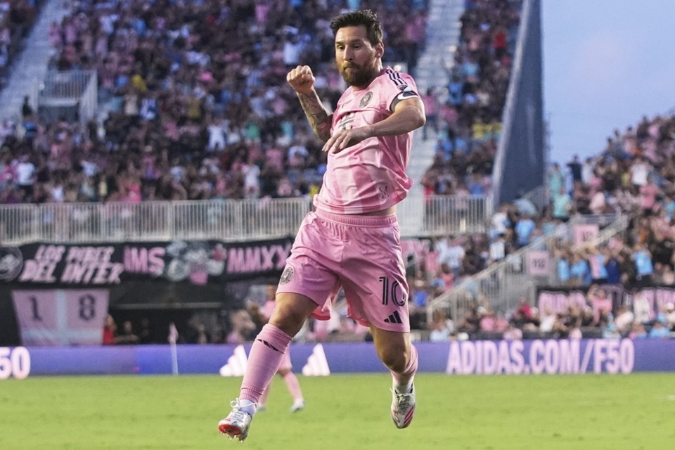 Inter Miami forward Lionel Messi (10) reacts after scoring a goal during the first half of an MLS soccer match against Nashville SC, Saturday, July 12, 2025, in Fort Lauderdale, Fla. (AP Photo/Lynne Sladky)