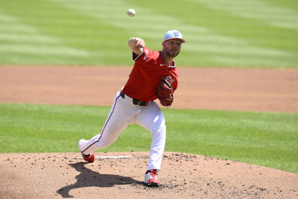 Washington Nationals starting pitcher Michael Soroka throws during the second inning of a baseball game against the Boston Red Sox, Friday, July 4, 2025, in Washington. (AP Photo/Nick Wass)