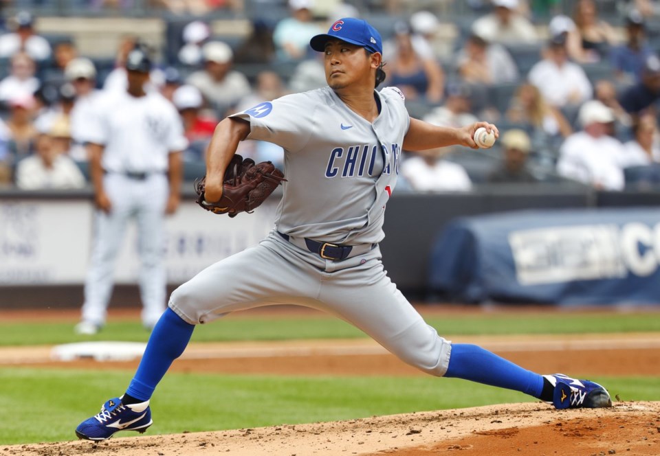 Chicago Cubs' Shota Imanaga pitches during the second inning of a baseball game against the New York Yankees, Sunday, July 13, 2025, in New York. (AP Photo/Noah K. Murray)