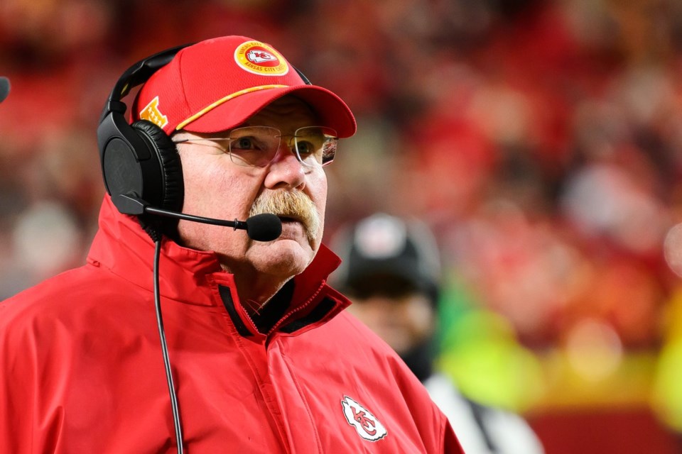 FILE - Kansas City Chiefs head coach Andy Reid looks at the scoreboard during a break in action against the Houston Texans during the second half of an NFL football divisional playoff game, Saturday, Jan. 18, 2025 in Kansas City, Mo. (AP Photo/Reed Hoffmann, File)