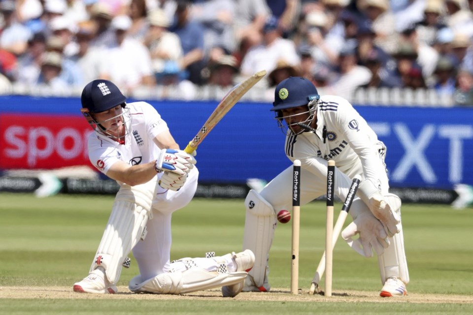England's Harry Brook bold out by India's Akash Deep during the fourth day of the third cricket test match between England and India at Lord¥s cricket ground in London, Sunday, July 13, 2025.(AP Photo/Richard Pelham)