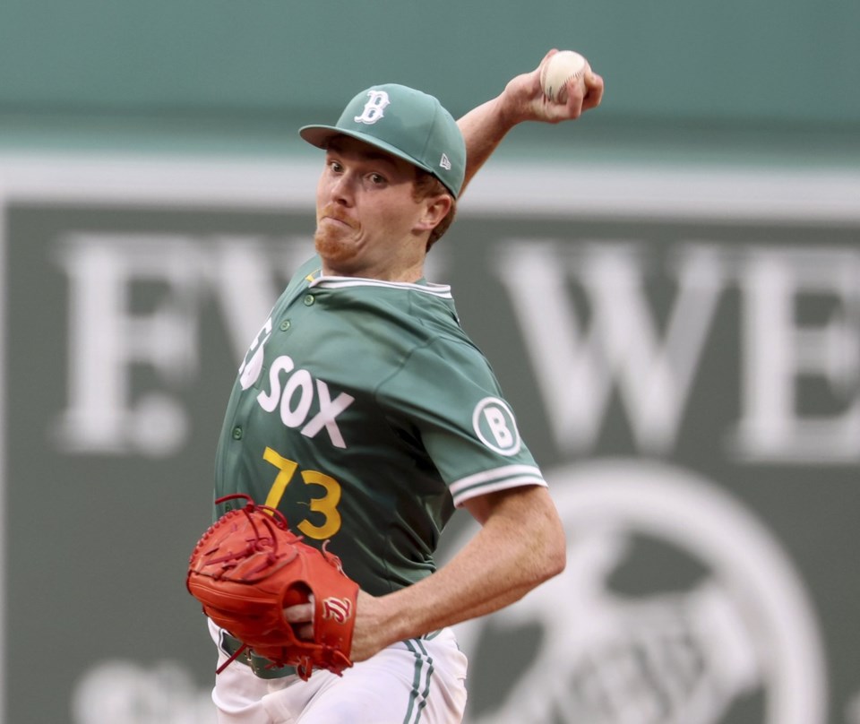 Boston Red Sox pitcher Hunter Dobbins throws during the first inning of a baseball game against the Tampa Bay Rays Friday, July 11, 2025, in Boston. (AP Photo/Mark Stockwell)