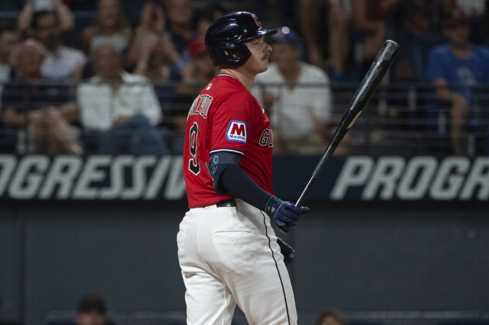 Cleveland Guardians' Kyle Manzardo reacts after a strike out by Detroit Tigers relief pitcher Tommy Kahnle to end a baseball game, Saturday, July 5, 2025, in Cleveland. (AP Photo/Phil Long)