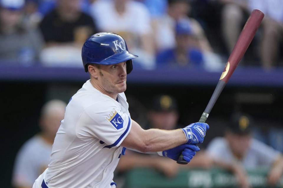 Kansas City Royals' Mark Canha watches his force out to score a run during the third inning of a baseball game against the Pittsburgh Pirates, Monday, July 7, 2025, in Kansas City, Mo. (AP Photo/Charlie Riedel)