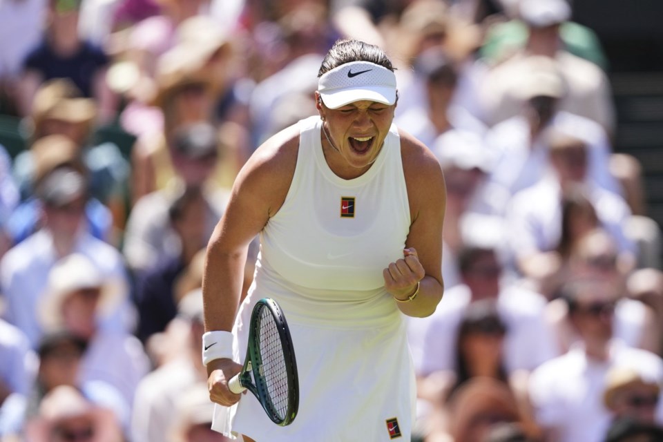 Amanda Anisimova of the U.S. reacts during the women's singles semifinal match against Aryna Sabalenka of Belarus at the Wimbledon Tennis Championships in London, Thursday, July 10, 2025.(AP Photo/Kirsty Wigglesworth)