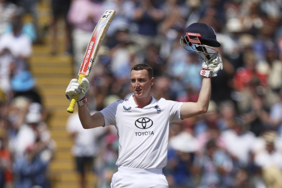 England's Harry Brook celebrates after scoring a century on day three of the second cricket test match between England and India at Edgbaston in Birmingham, England, Friday, July 4, 2025. (AP Photo/Scott Heppell)