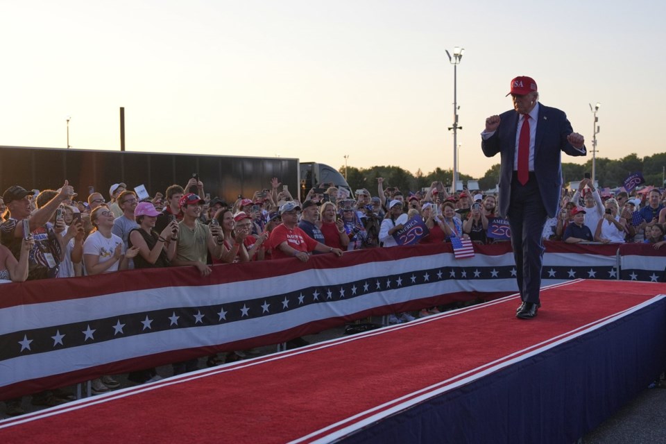 President Donald Trump dances after speaking at a rally at the Iowa State Fairgrounds, Thursday, July 3, 2025, in Des Moines, Iowa. (AP Photo/Alex Brandon)