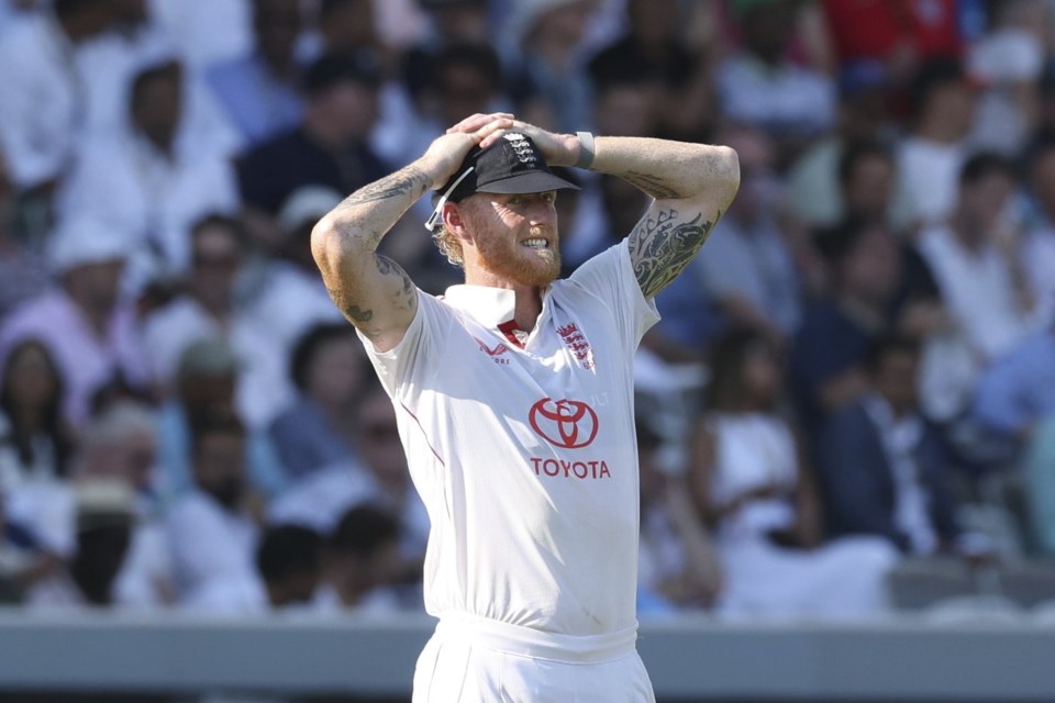 England's captain Ben Stokes fields during the third cricket test match between England and India at Lord's cricket ground in London, Friday, July 11, 2025. (AP Photo/Richard Pelham)