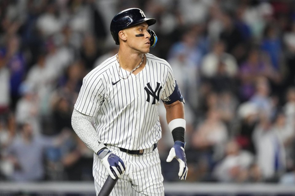 New York Yankees designated hitter Aaron Judge runs after hitting a sacrifice fly during the 10th inning of a baseball game against the Seattle Mariners, Thursday, July 10, 2025, in New York. (AP Photo/Yuki Iwamura)
