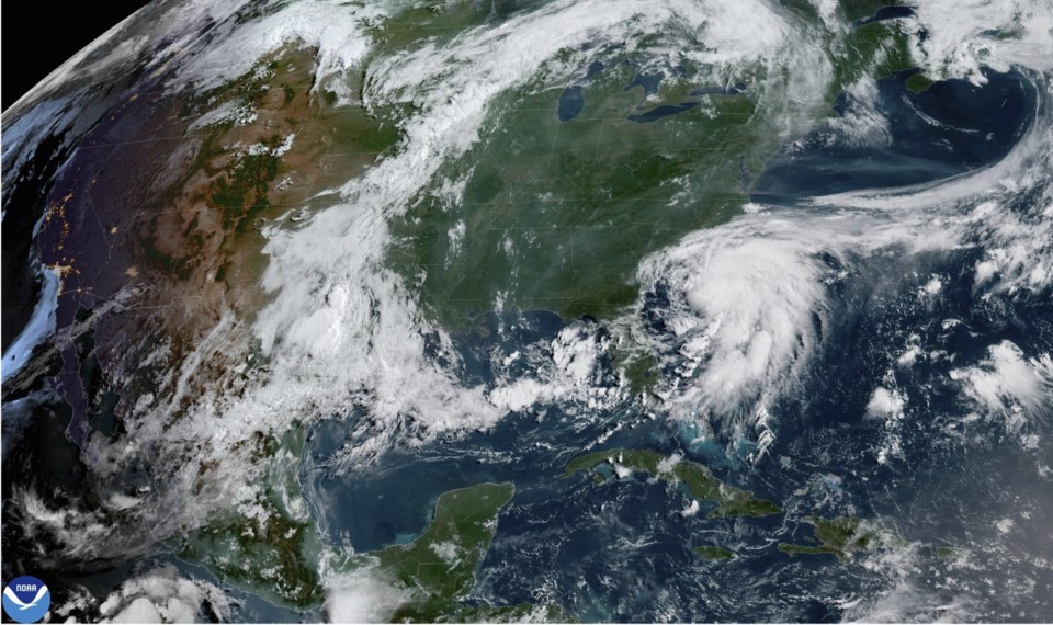 This image provided by NOAA shows Tropical Storm Chantal forming off the coast of the Carolinas on Saturday, July 5, 2025. (NOAA via AP