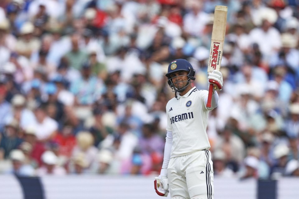 India's captain Shubman Gill celebrates after scoring 150 runs on day two of the second cricket test match between England and India at Edgbaston in Birmingham, England, Thursday, July 3, 2025. (AP Photo/Scott Heppell)