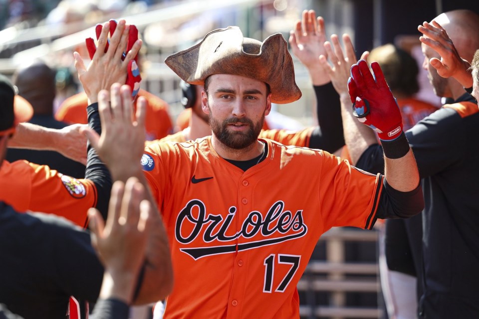 Baltimore Orioles' Colton Cowser high-fives teammates in the dugout after hitting a two-run home run in the fourth inning of a baseball game against the Atlanta Braves, Saturday, July 5, 2025, in Atlanta. (AP Photo/Colin Hubbard)