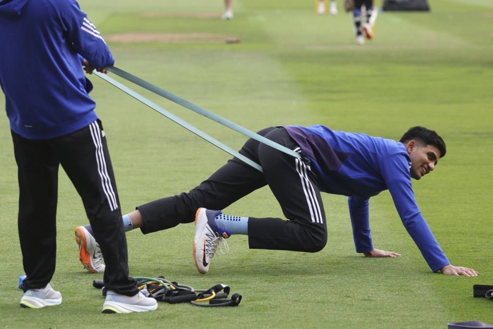 India's captain Shubman Gill performs stretching exercises before the start of play on day one of the second cricket test match between England and India at Edgbaston in Birmingham, England, Wednesday, July 2, 2025. (AP Photo/Scott Heppell)