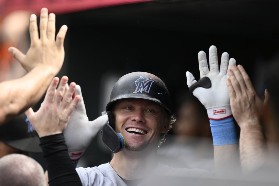 Miami Marlins' Kyle Stowers celebrates his home run during the second inning of a baseball game against the Baltimore Orioles, Sunday, July13, 2025, in Baltimore. (AP Photo/Nick Wass)