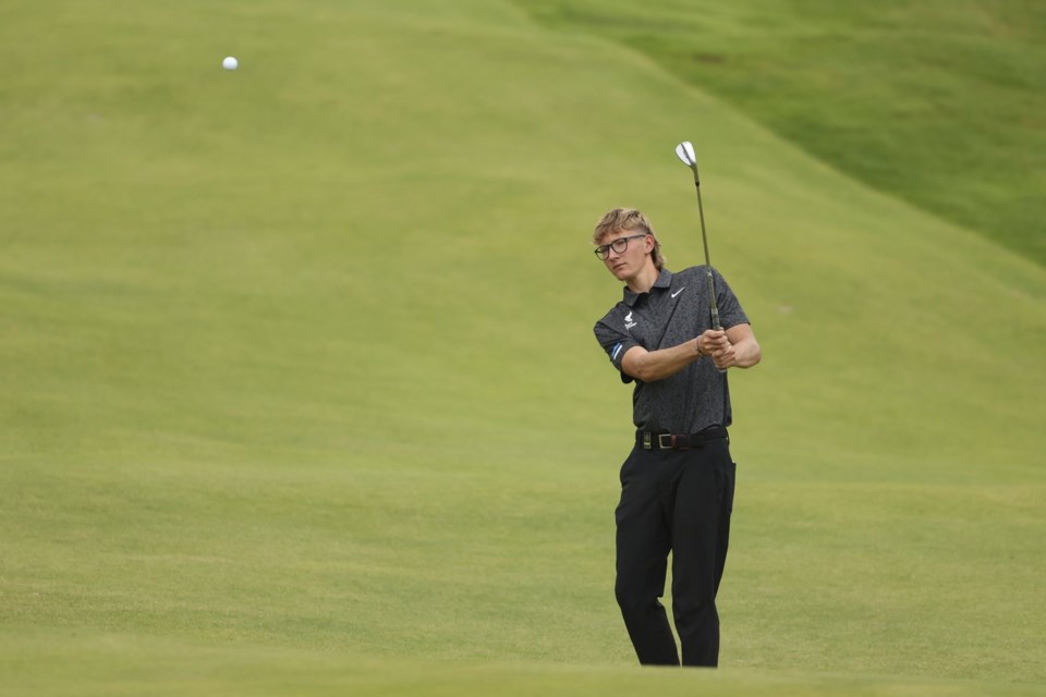 Richard Teder of Estonia plays a shot rom the 1st fairway during a practice round for the British Open golf championship at the Royal Portrush Golf Club, Northern Ireland, Tuesday, July 15, 2025. (AP Photo/Peter Morrison)