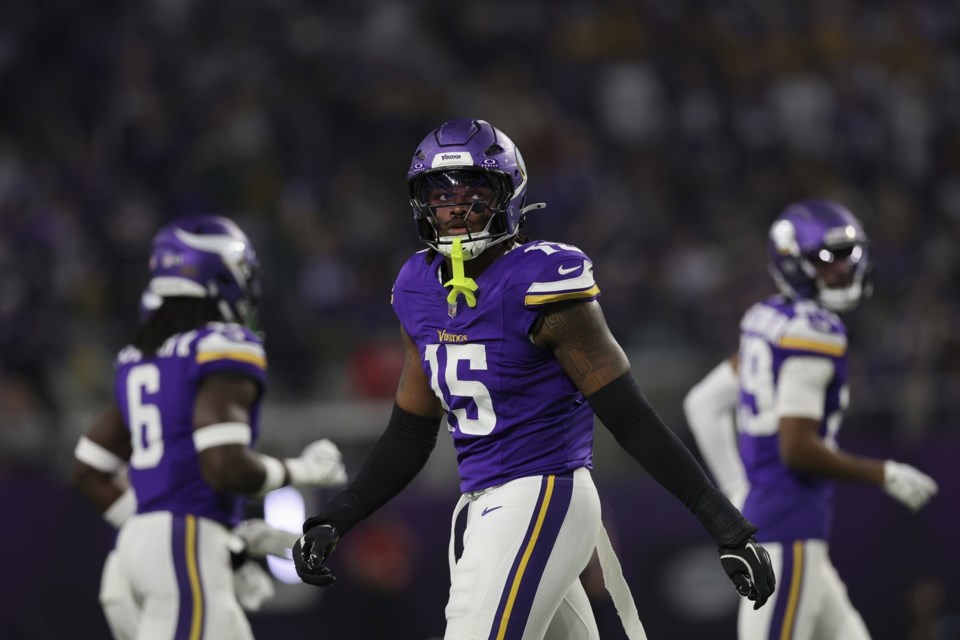 FILE - Minnesota Vikings linebacker Dallas Turner moves across the field after a play against the Green Bay Packers during the second half of an NFL football game, Dec. 29, 2024 in Minneapolis. Minnesota won 27-25. (AP Photo/Stacy Bengs, File)