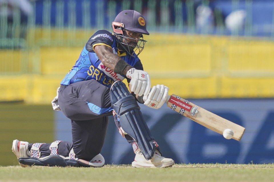 Sri Lanka's Charith Asalanka plays a shot during the first ODI cricket match between Sri Lanka and Bangladesh in Colombo, Sri Lanka, Wednesday, July 2, 2025. (AP Photo/Eranga Jayawardena)
