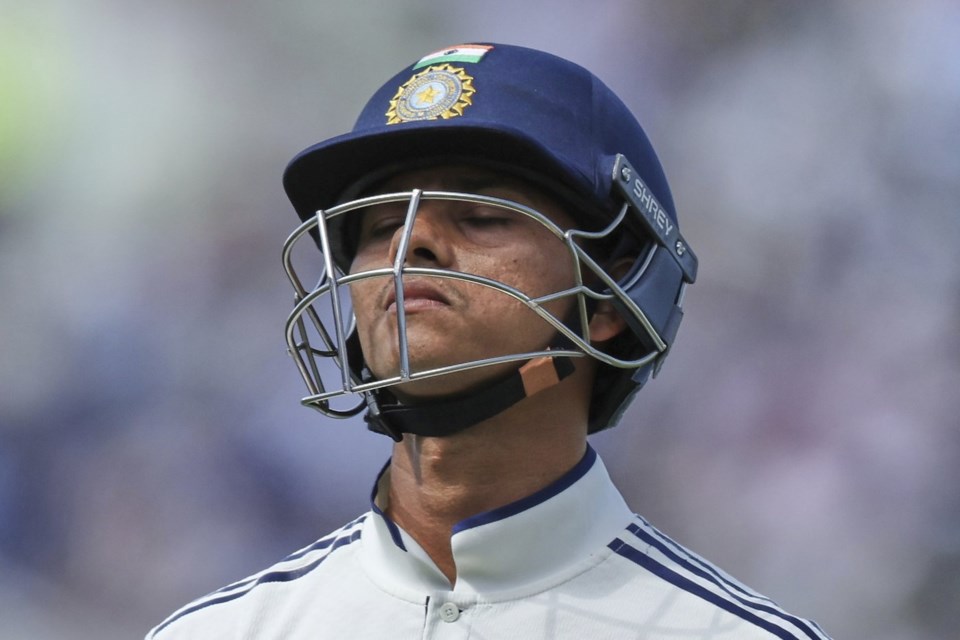 India's Yashasvi Jaiswal reacts as he walks off the field after losing his wicket on day one of the second cricket test match between England and India at Edgbaston in Birmingham, England, Wednesday, July 2, 2025. (AP Photo/Scott Heppell)