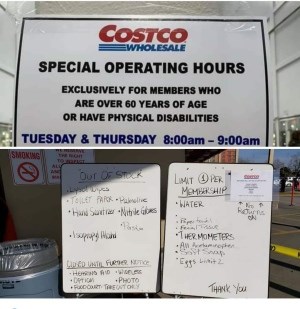 A photo was posted on social media showing one sign listing out-of-stock items and the other a limit of items a shopper could purchase at Costco.Photo submitted.