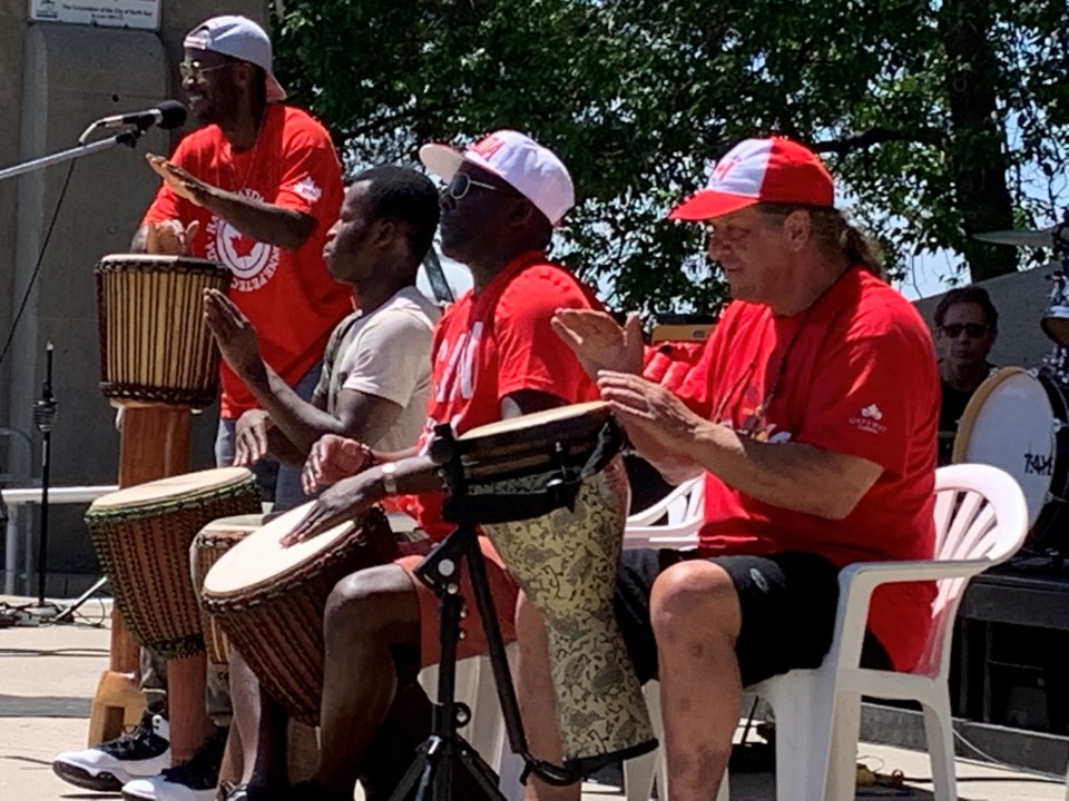 USED 2019-07-04goodmorningNorthBaybct  7 Four drummers drumming. Photo by Brenda Turl for BayToday.