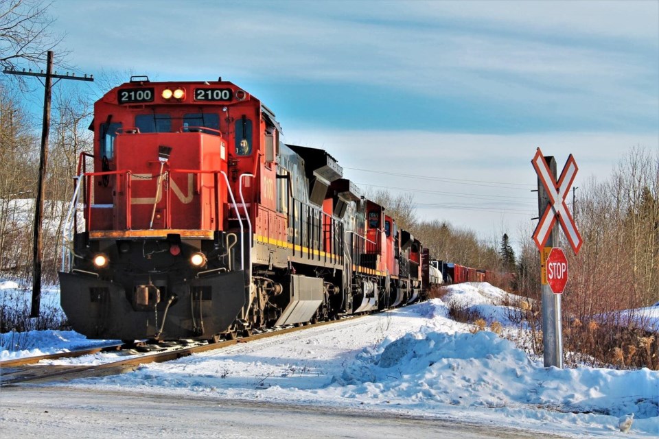 USED 2020-1-18goodmorningnorthbaybct  4 CN Train 451 crossing Birches Road. North Bay. Courtesy of Kyle Jodouin.