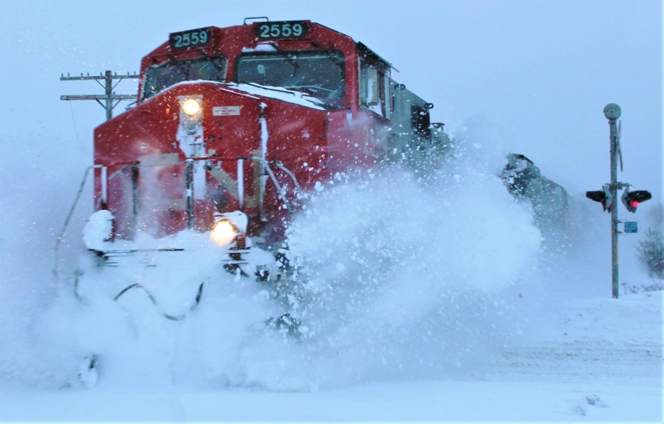 USED 2021-2-15goodmorningnorthbaybct  5 CN train 451 plowing through the snow. Powassan. Courtesy of Kyle Jodouin.