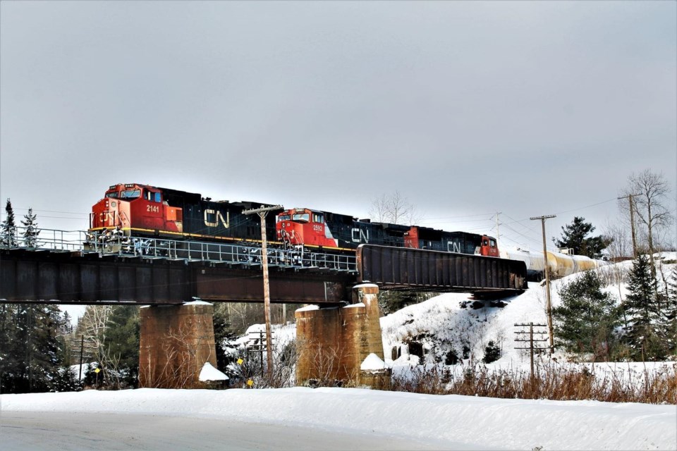 USED 2021-2-1goodmorningnorthbaybct  1 CN train 450 heading to Toronto. North Bay. Courtesy of Kyle Jodouin.