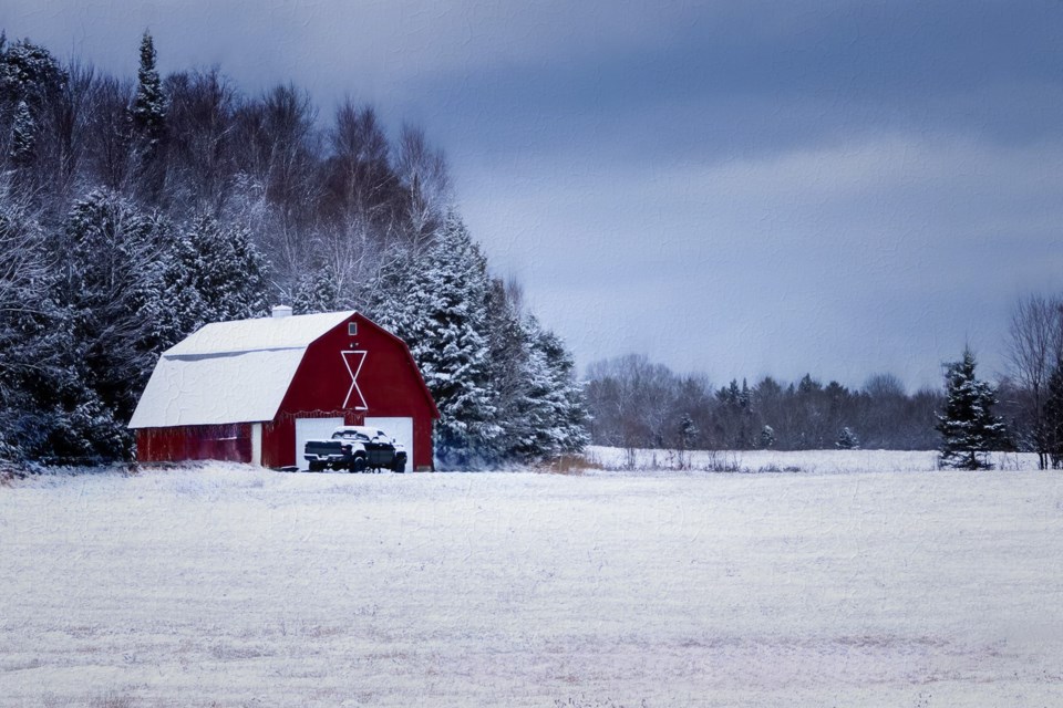 USED 2023-12-5goodmorningnorthbaybct-7-red-barn-in-the-snow-pat-stack