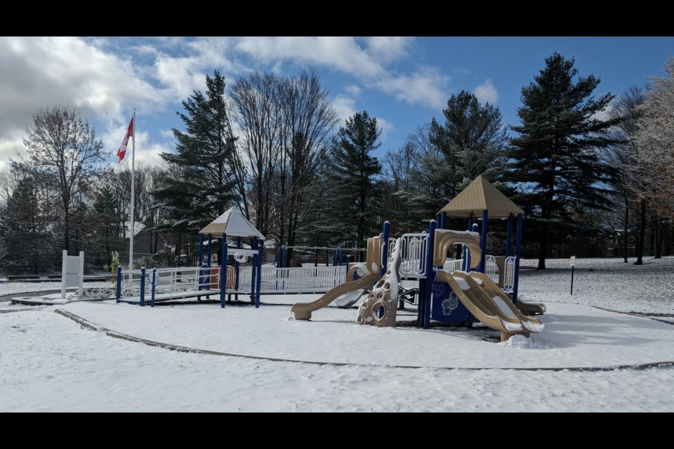 A light dusting of snow gives the playground at Homewood Park a wintry feel. Dave Dawson/OrilliaMatters