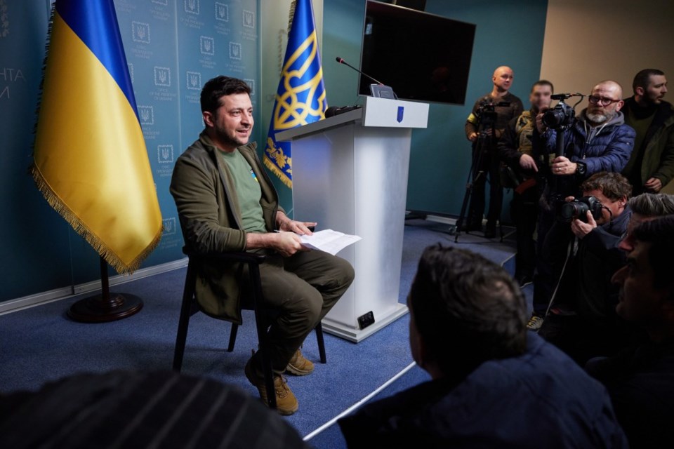 Ukrainian President Volodymyr Zelenskyy meets with members of foreign media on March 3, 2022