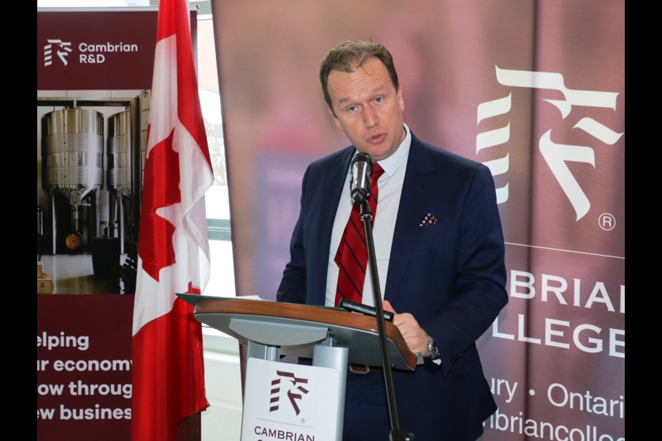 Sudbury MP Paul Lefebvre announcing $3.5 million in mining research projects at Cambrian College on Tuesday.  The college will be assisting research into retrofitting diesel mining machines into battery electric as well as research into deep mine heating and cooling with clean energy solutions.
(LEN GILLIS / SMSJ2020)
