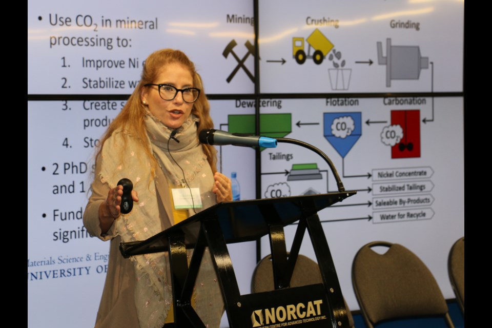 Dr. Erin Bobicki, a chemical engineering professor at the University of Toronto, is researching how to remove CO2 from nickel ore and to use mine tailings to capture carbon from the environment. Bobicki was part of a recent Northern Ontario innovation event sponsored by the Ontario Chamber of Commerce and hosted at NORCAT in Sudbury. (Len Gillis/Sudbury Mining Solutions Journal)
